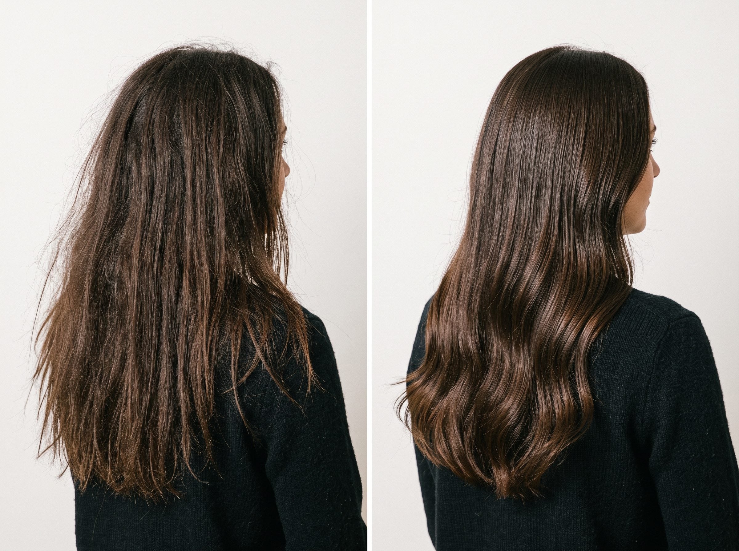 Illustration: dull, frizzy hair before filtered water and smooth, glossy hair after