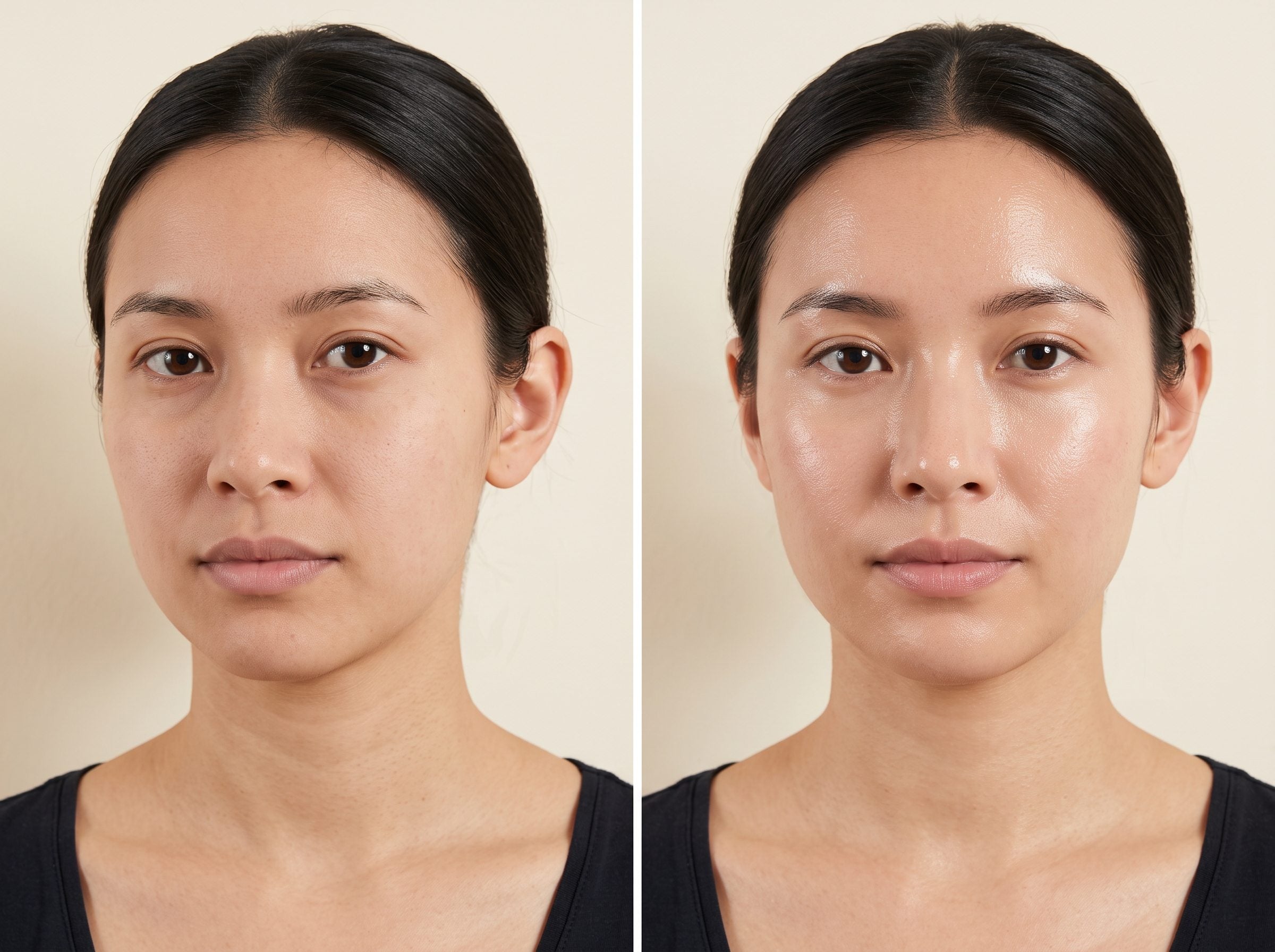 Illustration: dull, dry-looking skin before filtered water and hydrated, dewy skin after