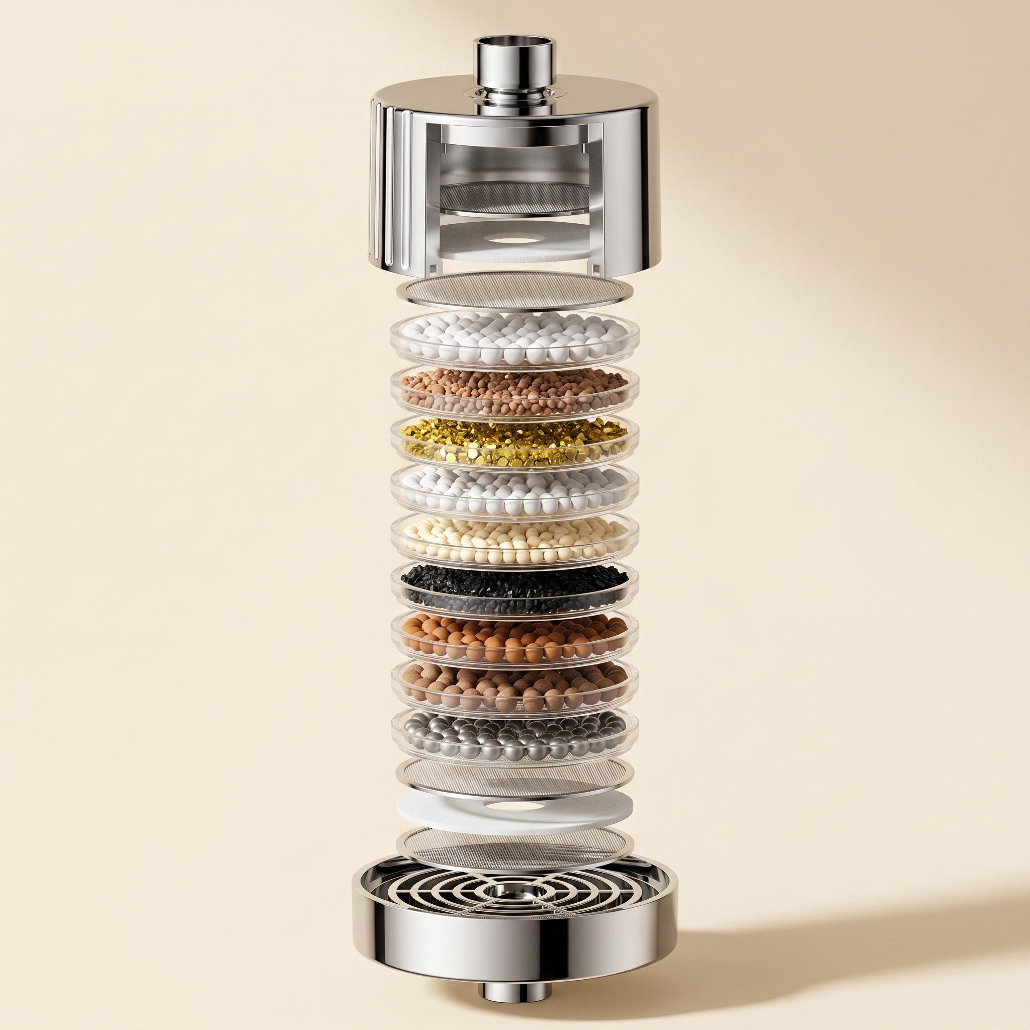 Exploded view of the Velveau 15-stage filter core